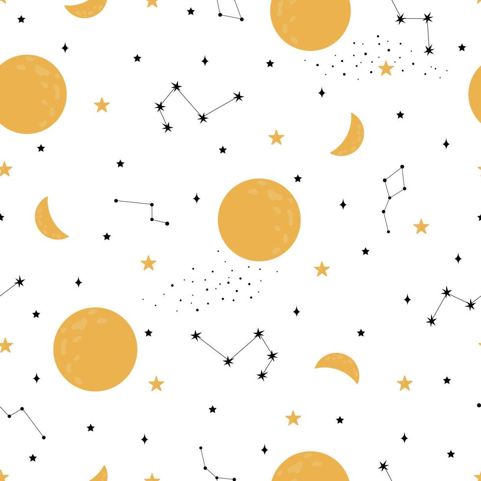 Patrón de vector transparente cielo y estrellas fondo diseño dibujado a mano en estilo de dibujos animados utilizado para papel tapiz, textiles