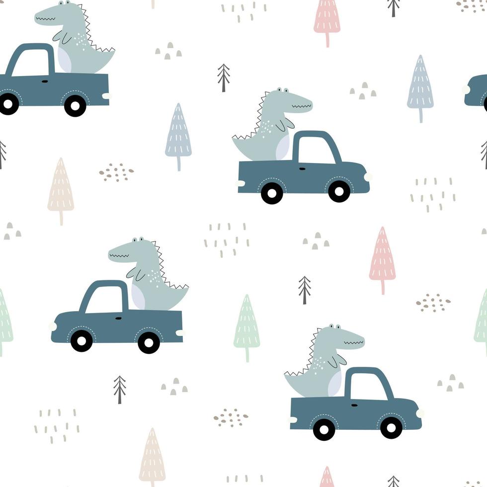 Seamless pattern Cute cartoon background With dinosaurs and cars Hand drawn design in kid style, use for print, wallpaper, decoration, textile. Vector illustration