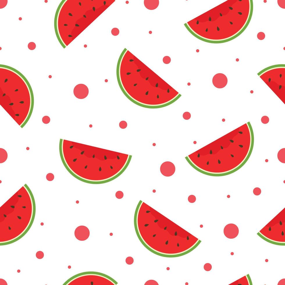 Seamless vector pattern Bright red watermelon on polka dot background Hand drawn in cartoon style Fruit pattern for textile fabric, wallpaper