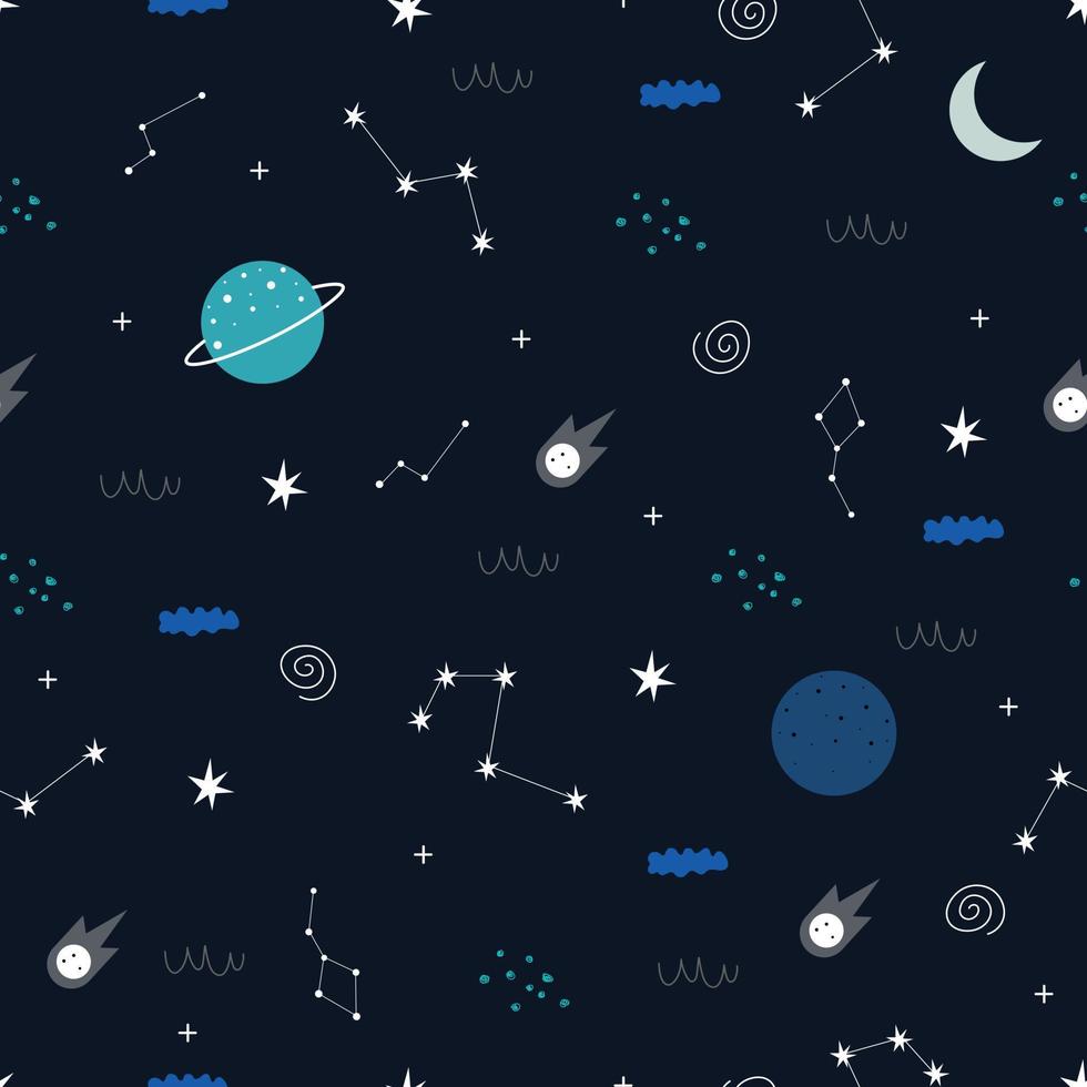 espacio de patrones sin fisuras y fondo de estrellas diseño dibujado a mano en estilo de dibujos animados utilizado para impresión, papel tapiz, textil, ilustración vectorial vector