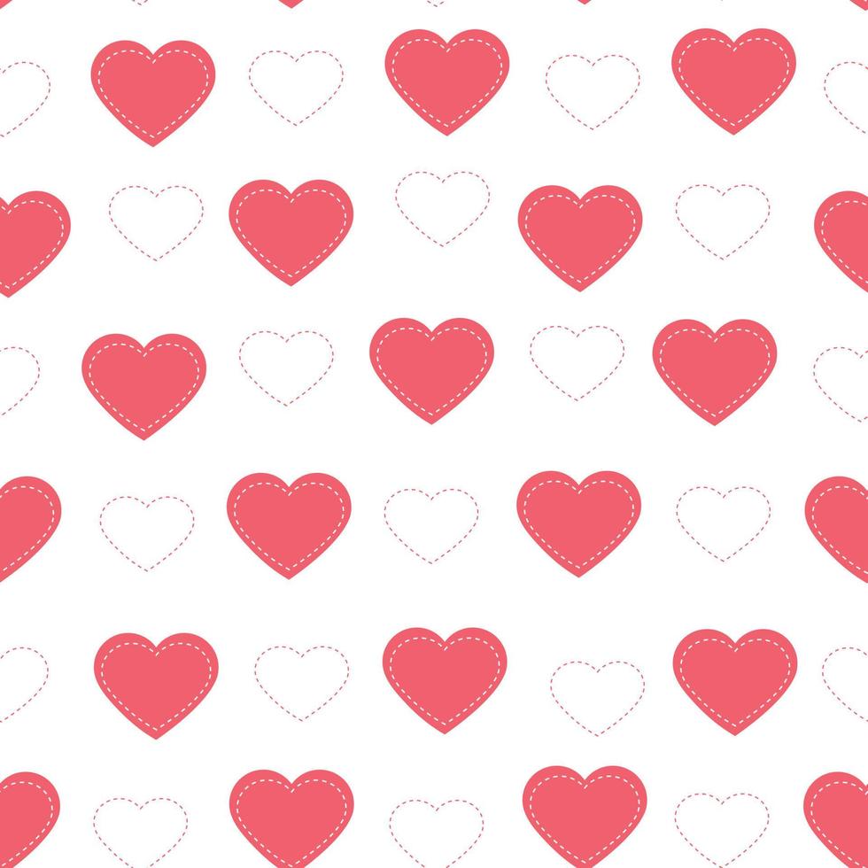 Red heart with a white dotted line. Seamless pattern Valentines day background Flat design, used for printing, wallpaper, textiles Vector illustration