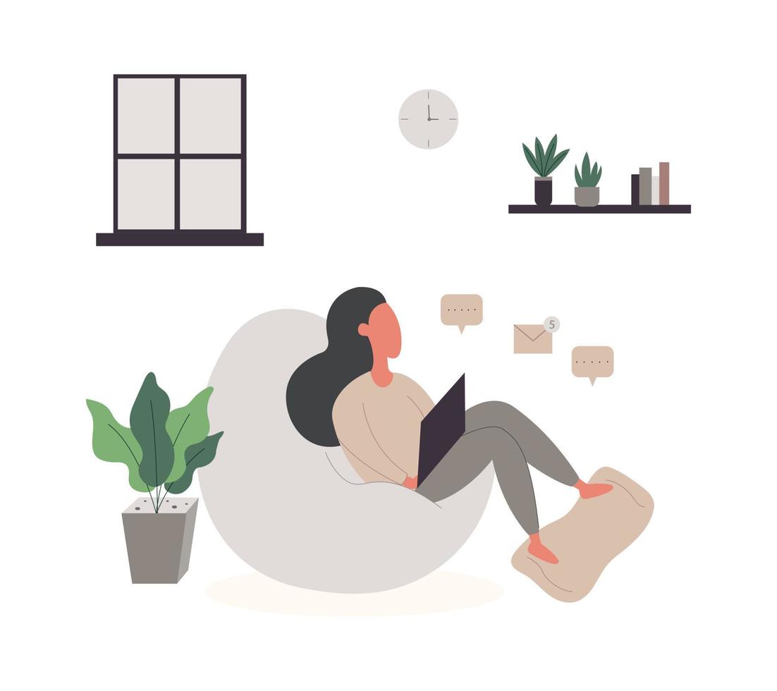 Work from home Conceptual illustration Young women work independently on the sofa and laptop computers at home. And flower pot placed beside Social Distance Vector Illustration