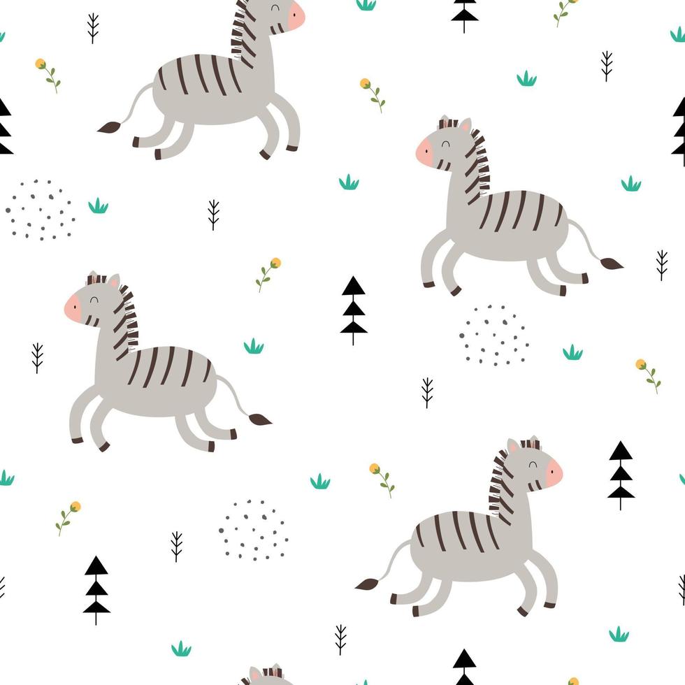 Seamless pattern Cartoon animal background with zebra and flowers Hand drawn design in childrens style Used for fabrics, textiles, wallpapers Vector illustration