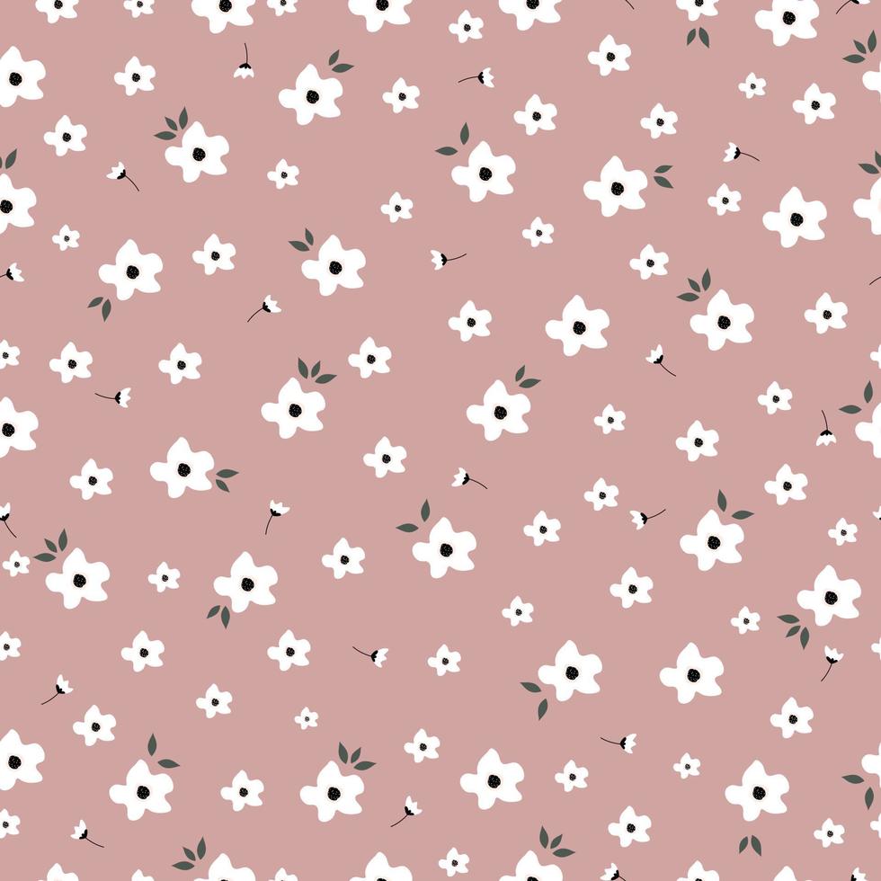 Hermoso patrón sin costuras, diseño de pequeña flor blanca colocada al azar distribuida sobre un fondo rosa. diseño de estilo de dibujos animados lindo utilizado para tela, textil, ilustración vectorial dibujada a mano vector