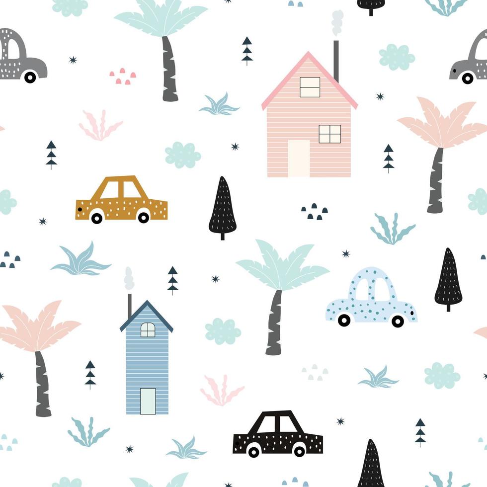 Seamless pattern Rural village background with cars, trees, and houses Cute design hand drawn cartoon style Used for print, wallpaper, fabric, textiles vector illustration.