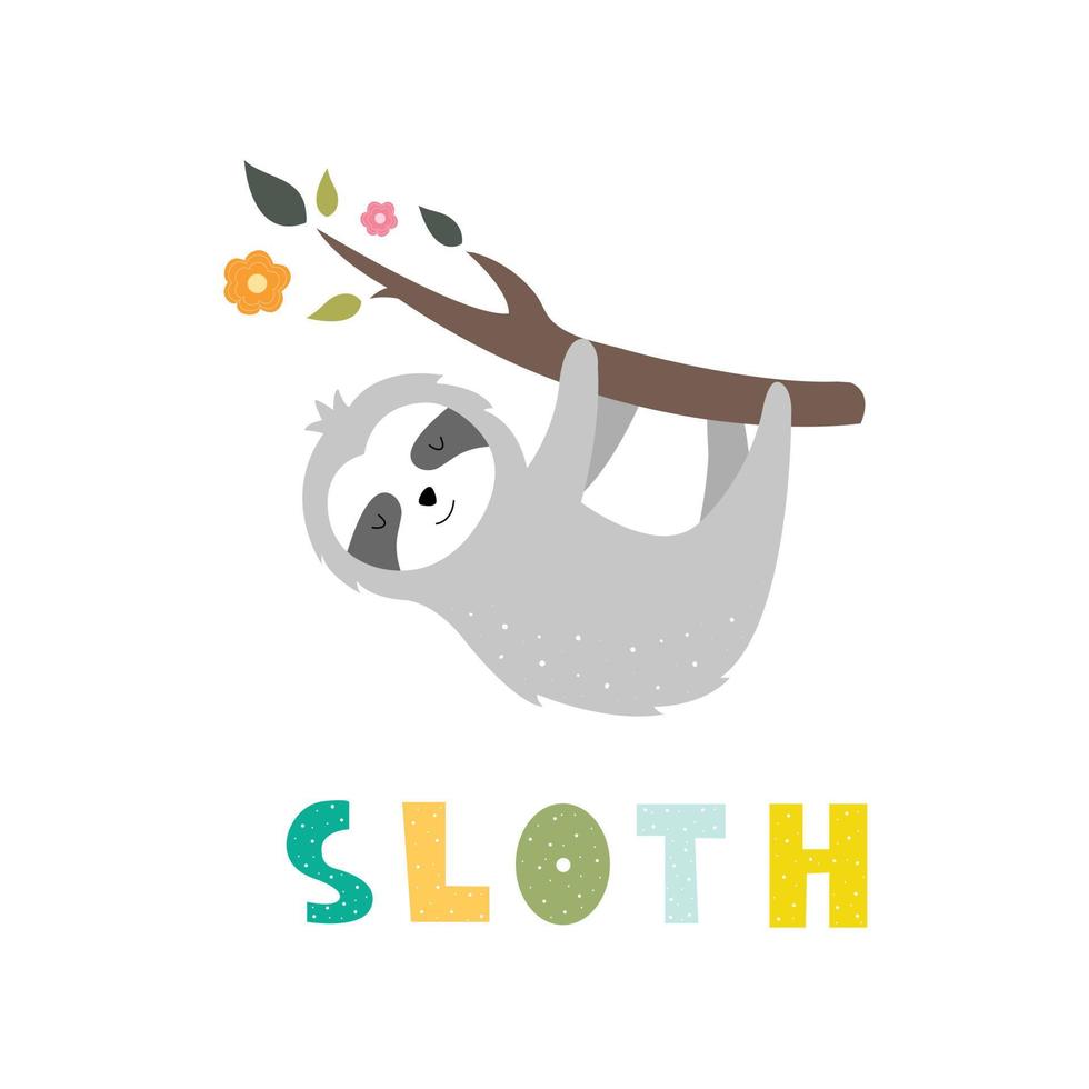 Cute cartoon sloth perched on a branch Use for web, print, design Vector illustration