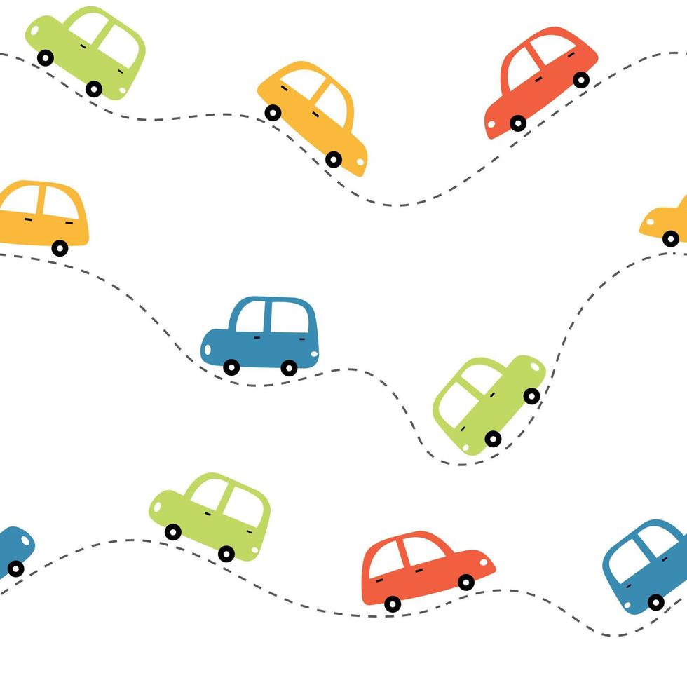 Seamless pattern The background of the colorful old car running on a curve. Cute design hand-drawn in cartoon style Used for publication, gift wrap, textile, fabric, vector illustration.