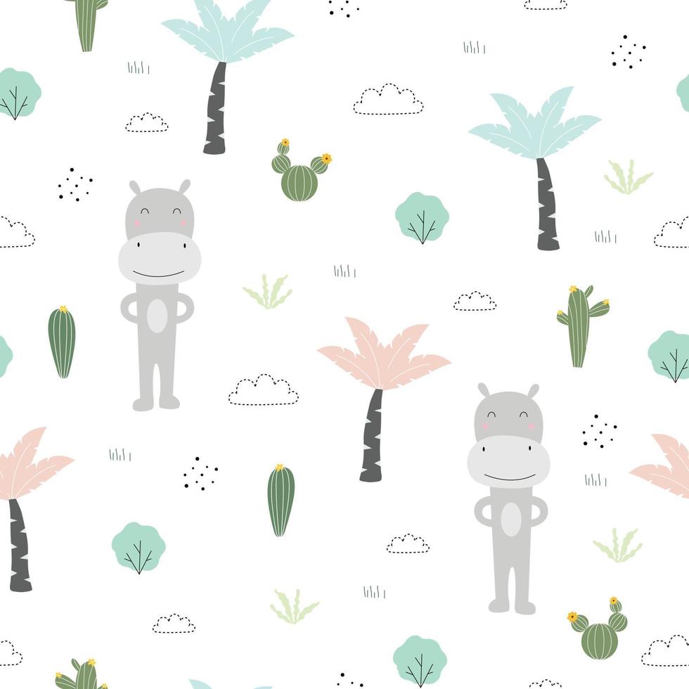 Fondo de naturaleza al aire libre de patrones sin fisuras con personajes de dibujos animados hipopótamos y árboles diseño dibujado a mano en estilo infantil utilizado para impresión, papel tapiz, textiles ilustración vectorial vector