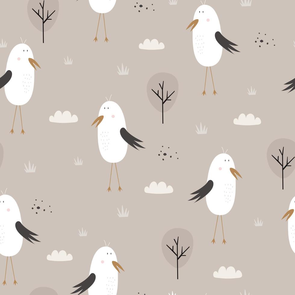 Vector pattern Seamless background with seagulls and trees Hand drawn design in cartoon style for print, fabric, textile.