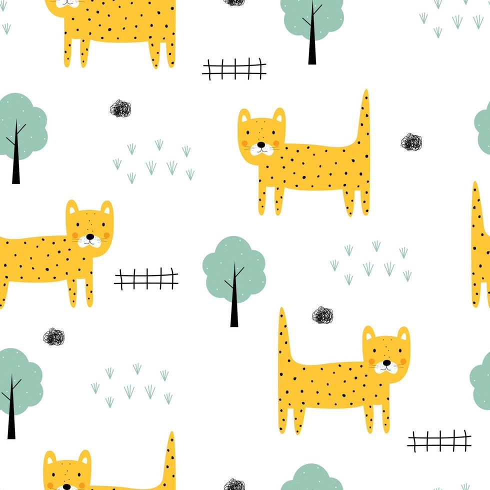 leopardo con árbol de patrones sin fisuras dibujos animados animal fondo dibujado a mano en el diseño de estilo infantil utilizado para publicación, papel tapiz, tela, textiles, ilustración vectorial vector