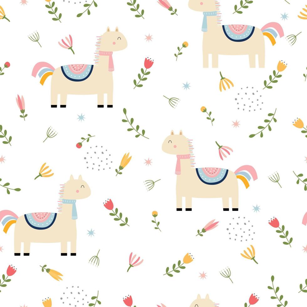 Fondo de animales de dibujos animados dibujados a mano de patrones sin fisuras de caballo en diseños de estilo infantil utilizados para moda, telas, textiles, fondos de pantalla, ilustración vectorial vector