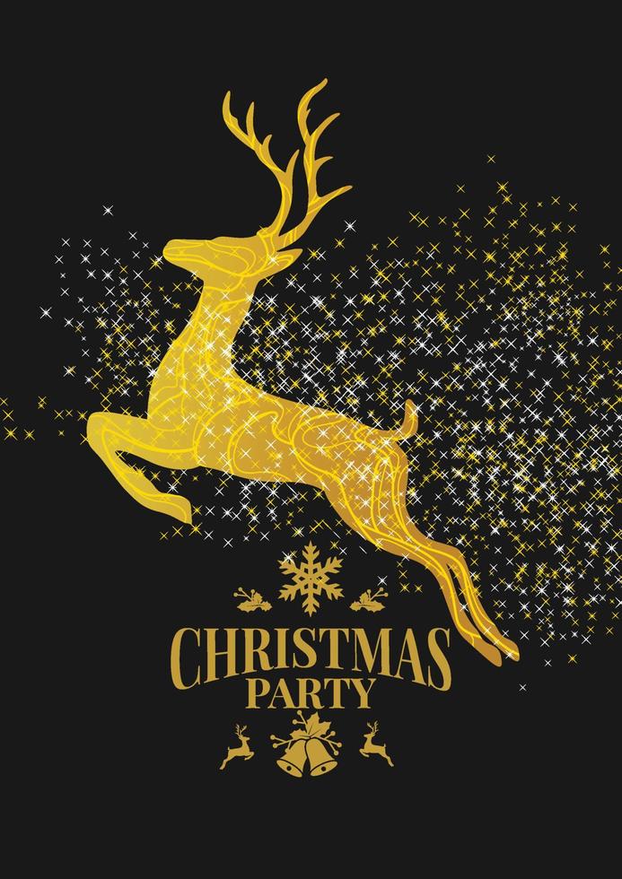 Merry Christmas and Happy New Year luxury greeting card design, gold reindeer silhouette made of golden glitter dust on black background. vector