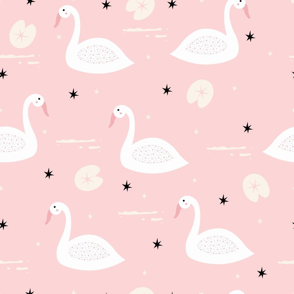 cisne de patrones sin fisuras animales de dibujos animados lindo en el diseño de fondo rosa utilizado para telas, textiles ilustración vectorial vector