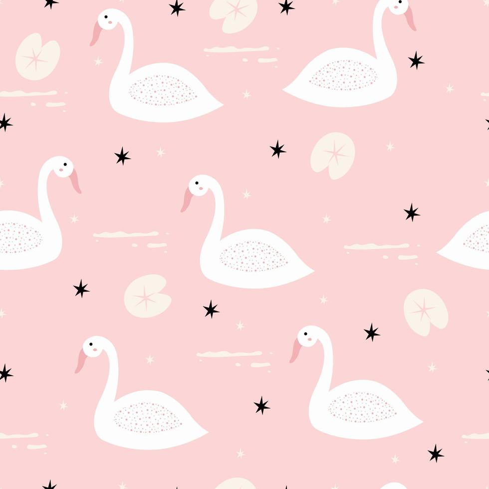 Swan seamless pattern Cute cartoon animals on the pink background Design used for fabrics, textiles Vector illustration