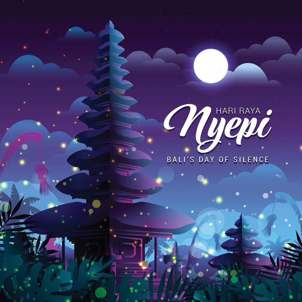 hari raya nyepi con la silueta del lago del templo vector