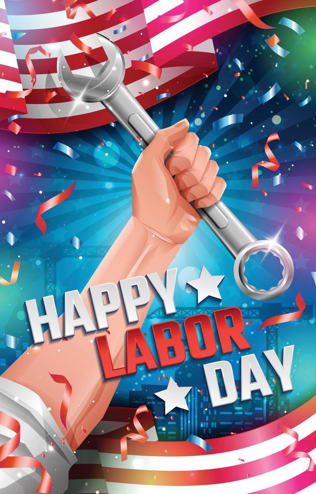 Happy Labor Day Poster Concept with Worker Hand Holding a Wrench vector