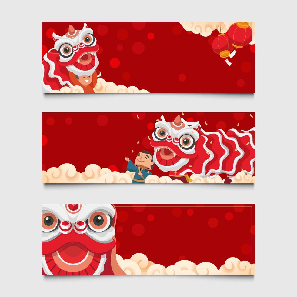 conjunto de año nuevo chino con banner de danza del león vector