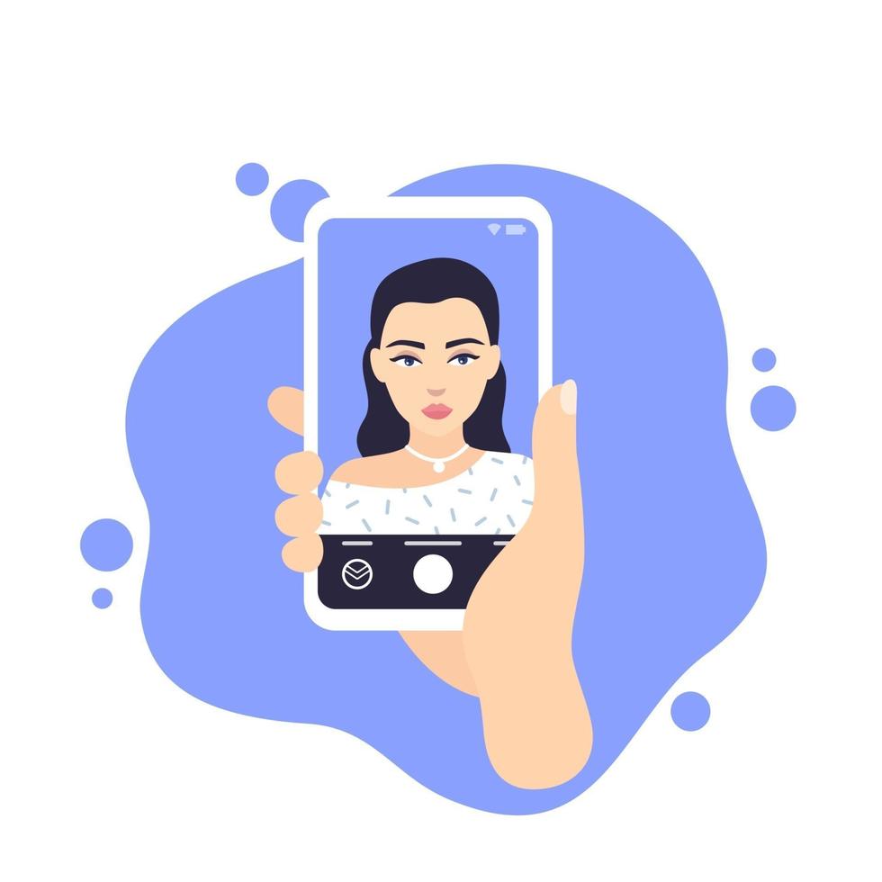 chica haciendo selfie, teléfono en mano, ilustración vectorial vector