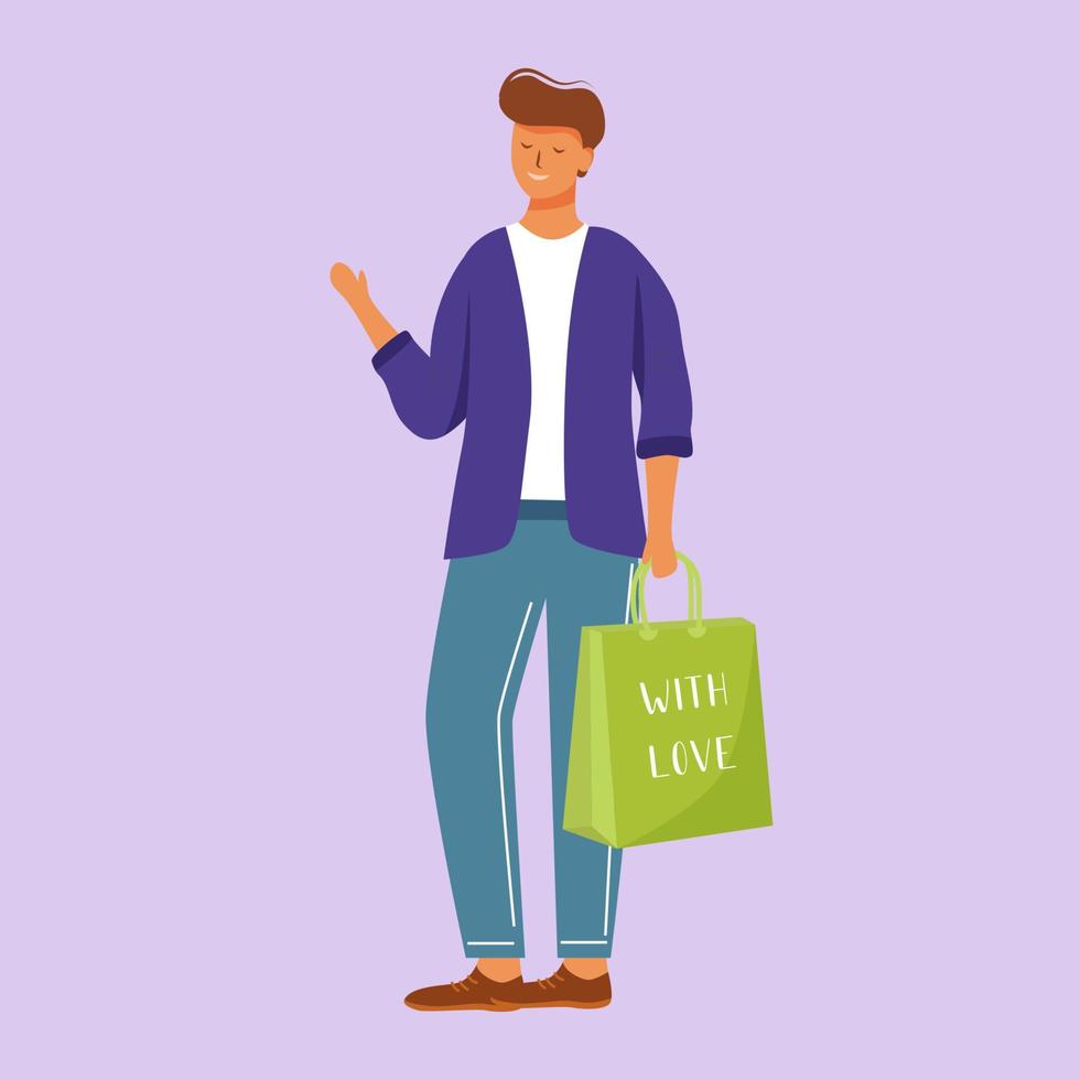 Happy man with birthday present flat vector illustration. Party celebration. Joyful standing young boy. Full body cheerful guy with gift bag isolated cartoon character on violet background