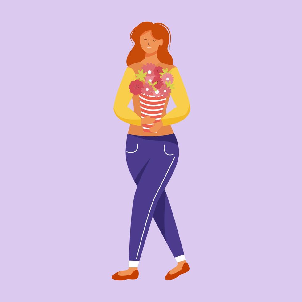 mujer joven caminando con ramo ilustración vectorial plana. dama alegre con flores. caminar, caucásico, niña sonriente, con, planta en maceta, aislado, caricatura, carácter, en, fondo violeta vector