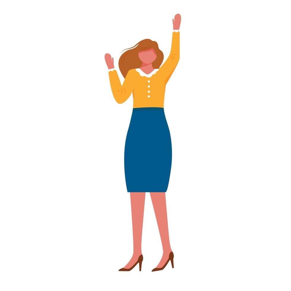 Happy woman flat vector illustration. Young joyful businesswoman turned up hands. Human relations. Cheerful elegant girl with welcome gesture isolated cartoon character on white background