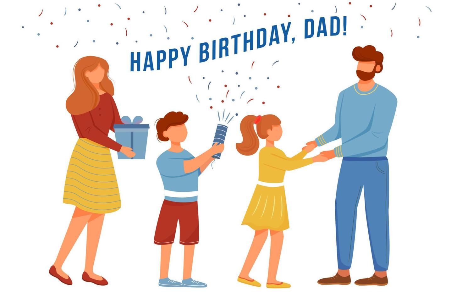 Happy birthday dad greeting card flat vector template. Mother, children congratulate father. Postcard, invitation design layout. Poster, banner, print with cartoon characters and typography lettering