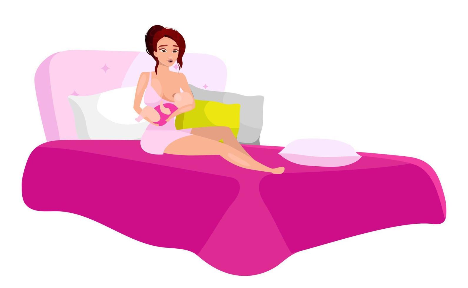 Mother feeding baby flat vector illustration. Young beautiful woman breastfeeding at home on bed cartoon character isolated on white. Maternity and childcare concept. Mother nursing baby