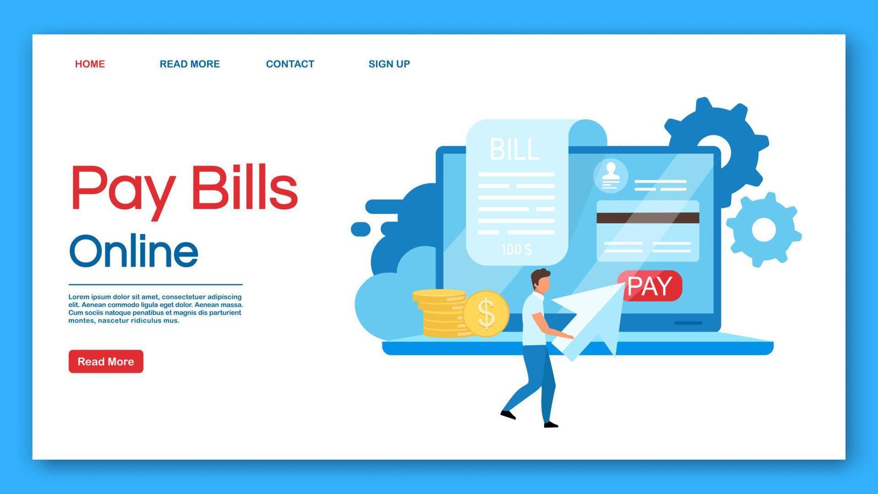 Pay bills online landing page vector template. Credit card transaction website interface idea with flat illustrations. E payment homepage layout. Online invoice web banner, webpage cartoon concept