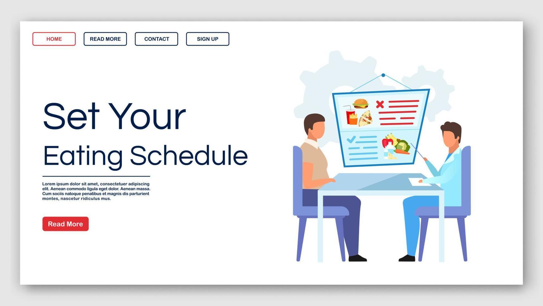 Setting eating schedule landing page vector template. Healthy nutrition website interface idea with flat illustrations. Dietitian homepage layout. Fighting obesity web banner, webpage cartoon concept