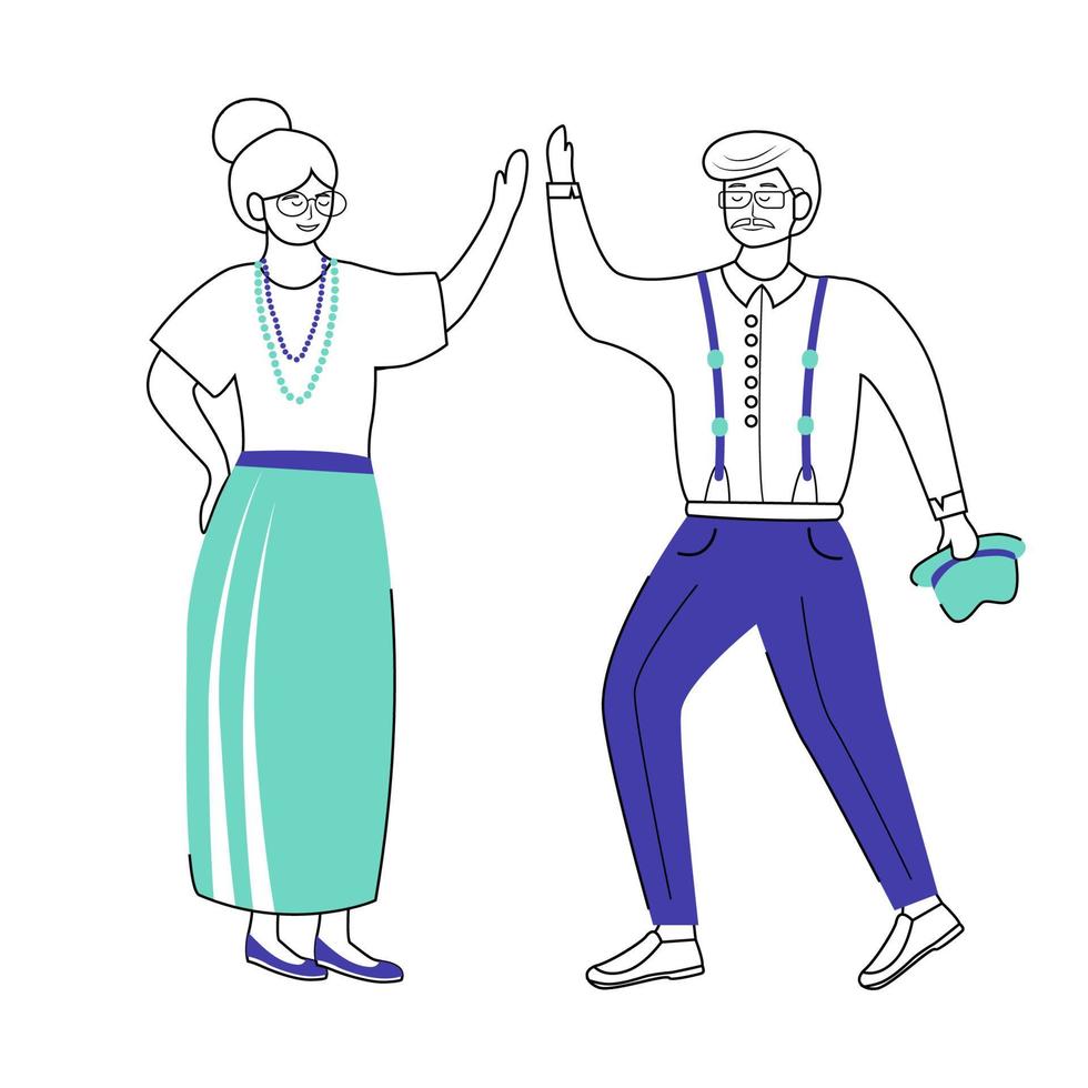 Retired people dancing flat vector illustration. Senior age family. Old couple. Romantic pastime. Pensioners in retro clothing isolated cartoon characters with outline elements on white background