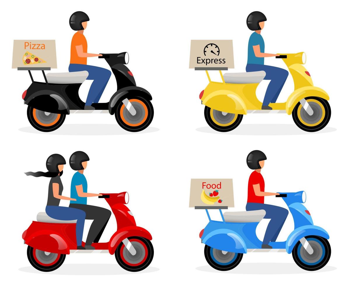 entrega de scooter, conjunto de ilustraciones de vector plano de taxi. mensajero, conductor del repartidor en motocicleta, personaje de dibujos animados de moto aislado sobre fondo blanco. comida, concepto de servicio de entrega urgente de pizza