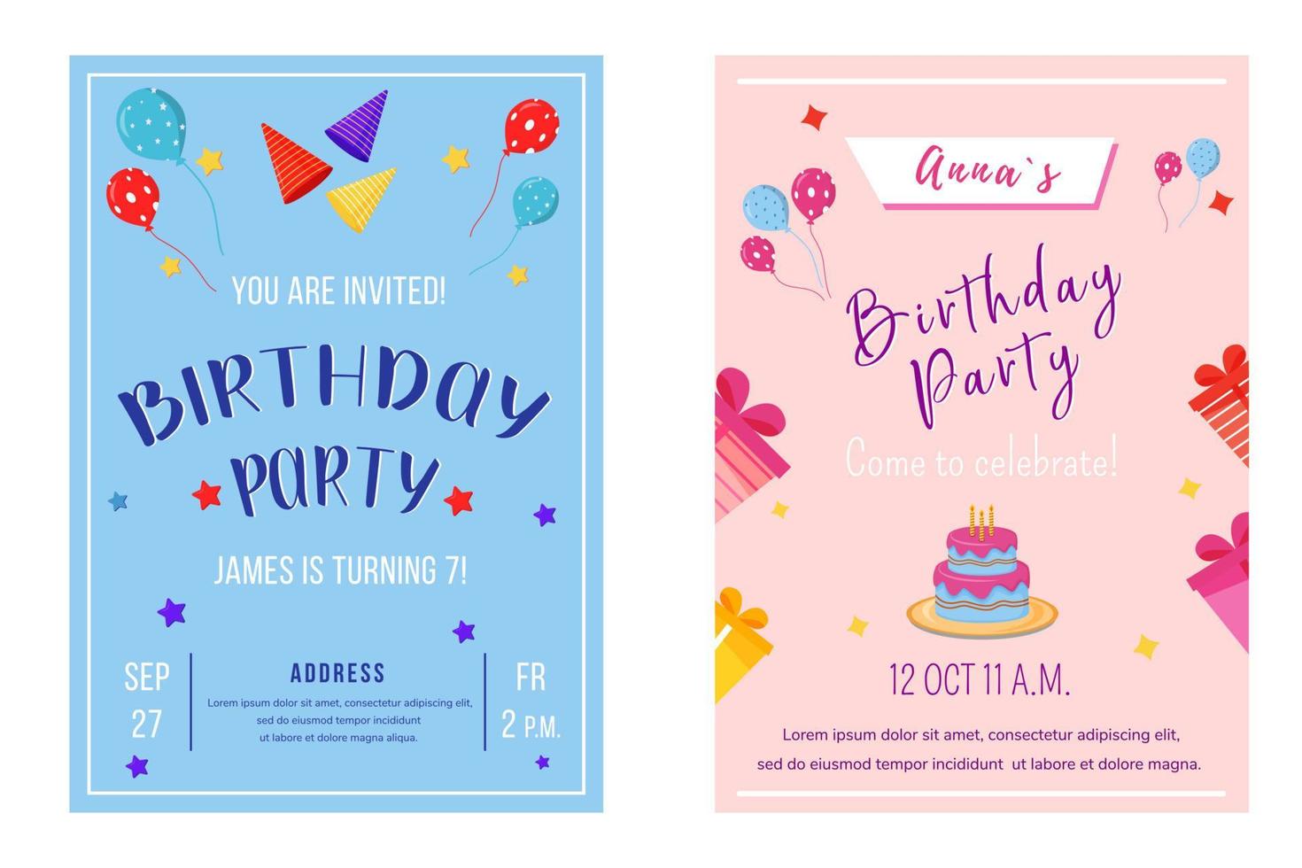 Birthday party brochure templates set. Flyer, booklet, leaflet concept with flat illustrations. Vector page cartoon layout for magazine. Anniversary celebration invitation with text space