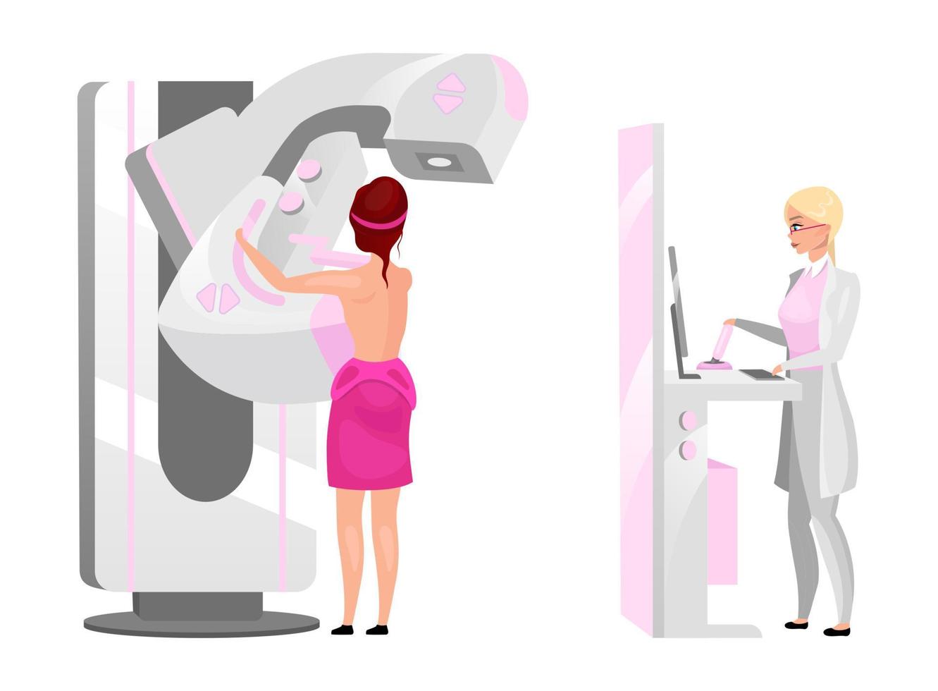 Physician making mammography screening flat vector illustration. Woman scanning breast with X ray machine concept. Breast cancer diagnosing Female patient doing radiography procedure cartoon character