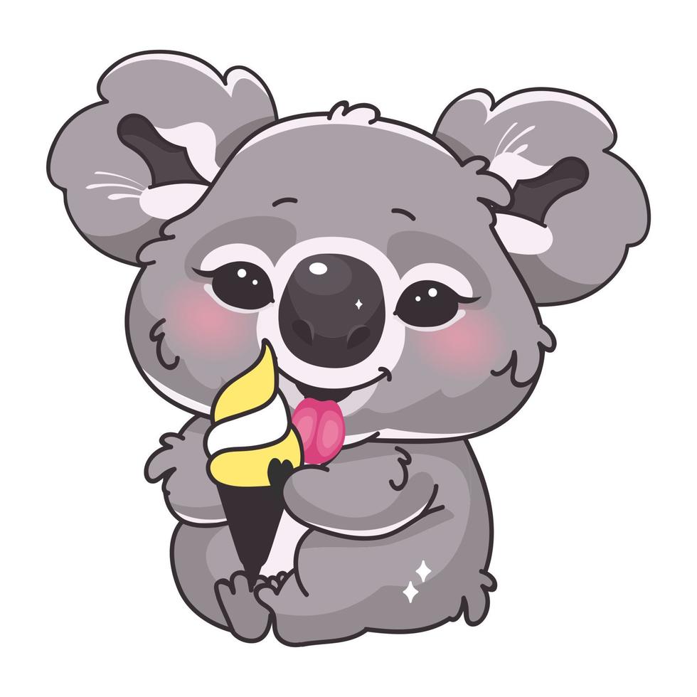 Lindo personaje de vector de dibujos animados koala kawaii. adorable y divertido animal sonriente comiendo helado pegatina aislada, parche. Anime bebé oso koala degustación de dulces emoji sobre fondo blanco.