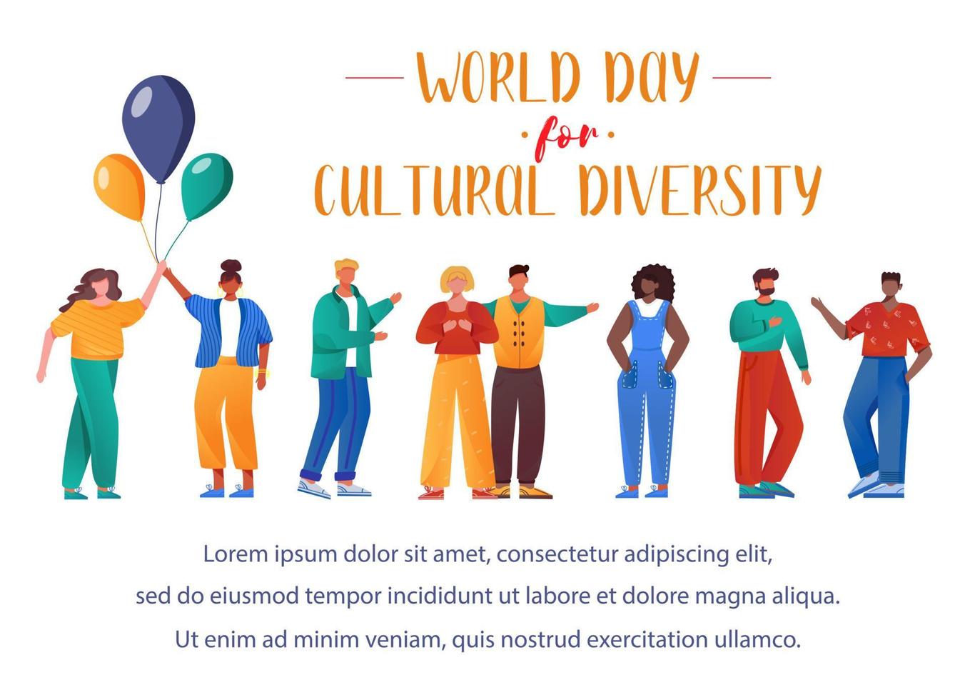 plantilla de vector de cartel plano del día mundial de la diversidad cultural. personas multirraciales aislaron personajes de dibujos animados en blanco. evento internacional. banner, página de folleto, diseño de folleto, lugar para texto