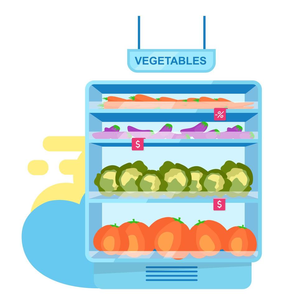 verduras en la ilustración de vector plano de puesto de tienda. agricultura y agricultura. surtido de comida vegetariana en la tienda. Mercado de agricultores. productos saludables en el supermercado, gran variedad de productos orgánicos