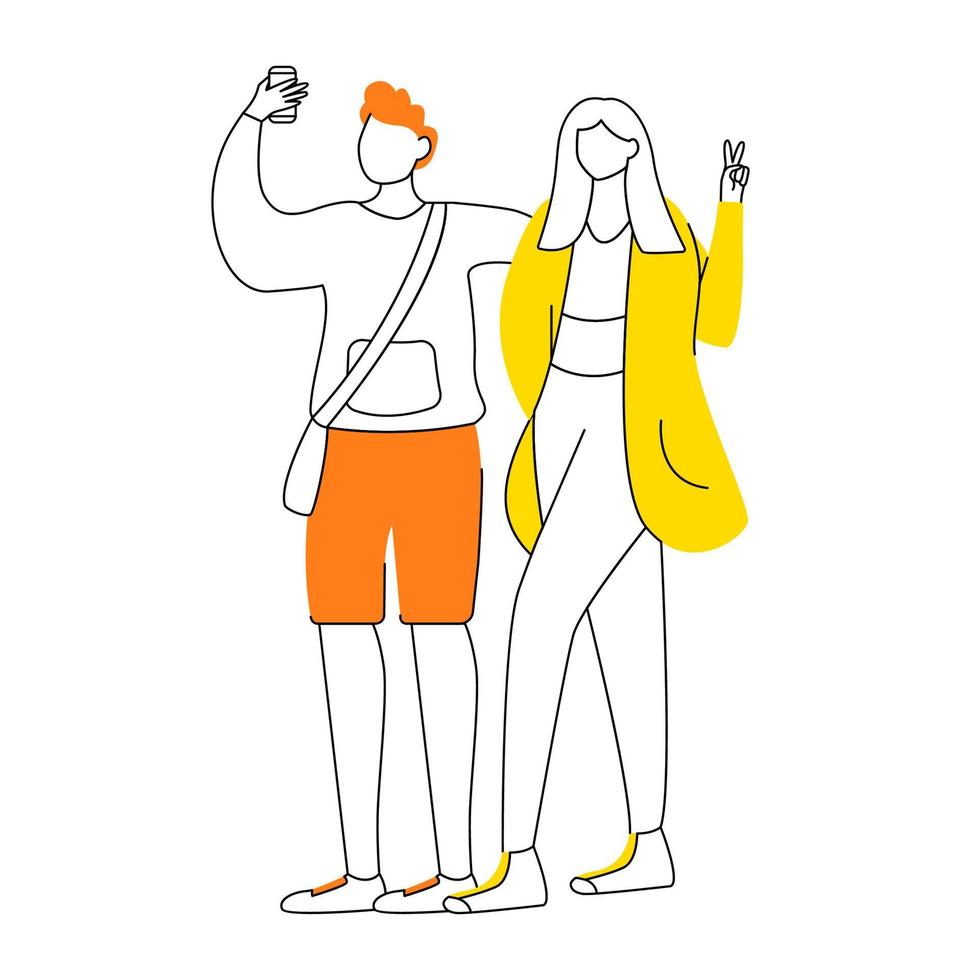 Young couple taking selfie with smartphone flat contour vector illustration. Man with phone, girl shows v sign isolated cartoon outline character on white background. Teens lifestyle simple drawing