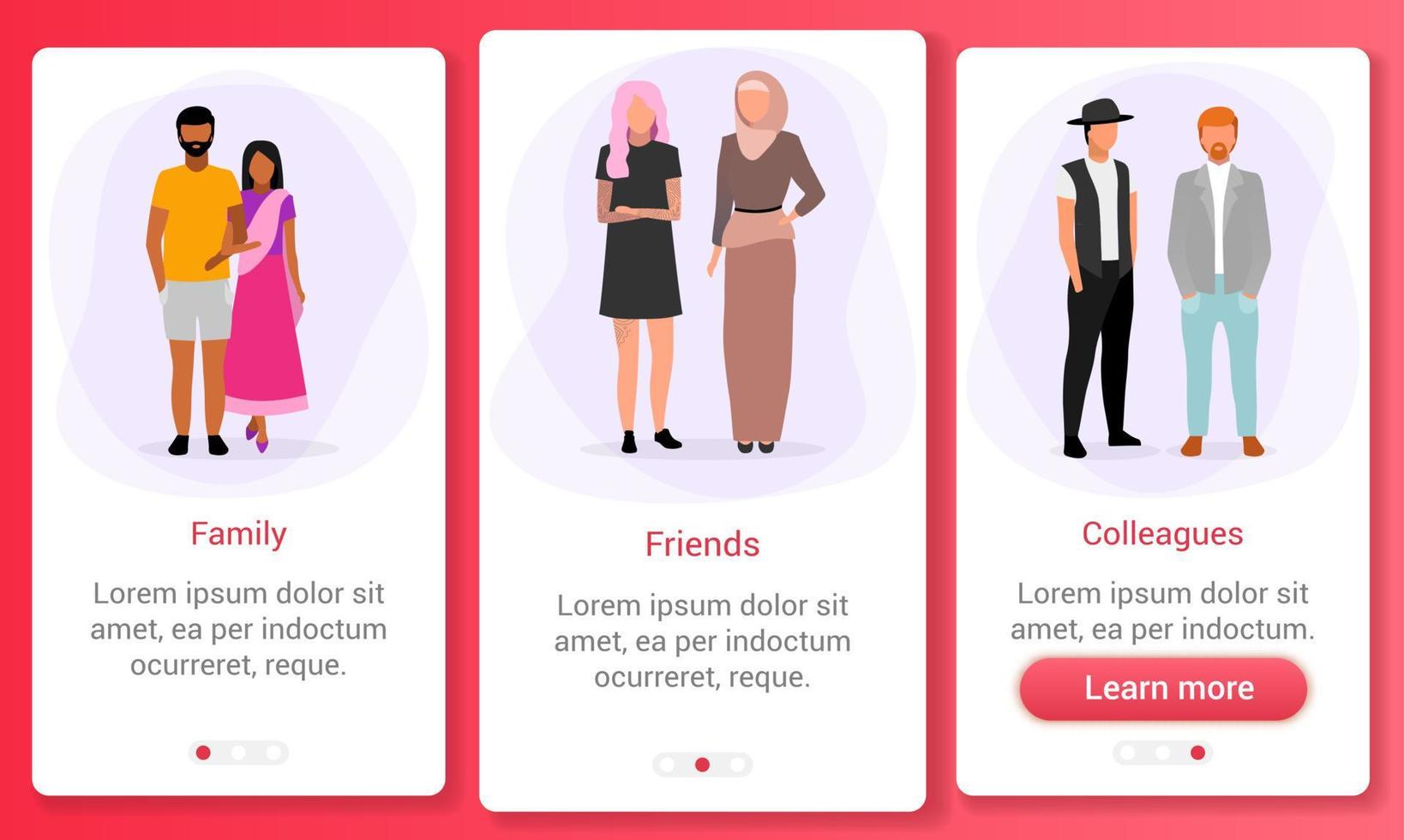 Interpersonal relationships onboarding mobile app screen template. Race and ethnic relations. Multicultural family, friends, colleagues. Website steps with flat characters. UX, UI, GUI interface vector