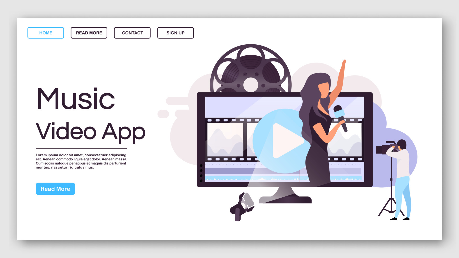 Music video app landing page vector template. Clip maker website interface  idea with flat illustrations. Video production homepage layout. Videography  web banner, webpage cartoon concept 4553216 Vector Art at Vecteezy