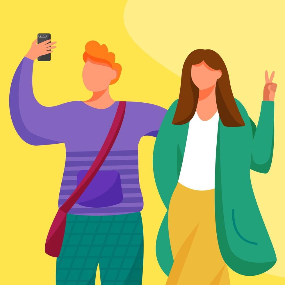 niño y niña tomando auto foto ilustración vectorial plana. capturando grandes momentos de la vida. Joven novio y novia haciendo smartphone selfie personaje de dibujos animados aislado sobre fondo amarillo vector