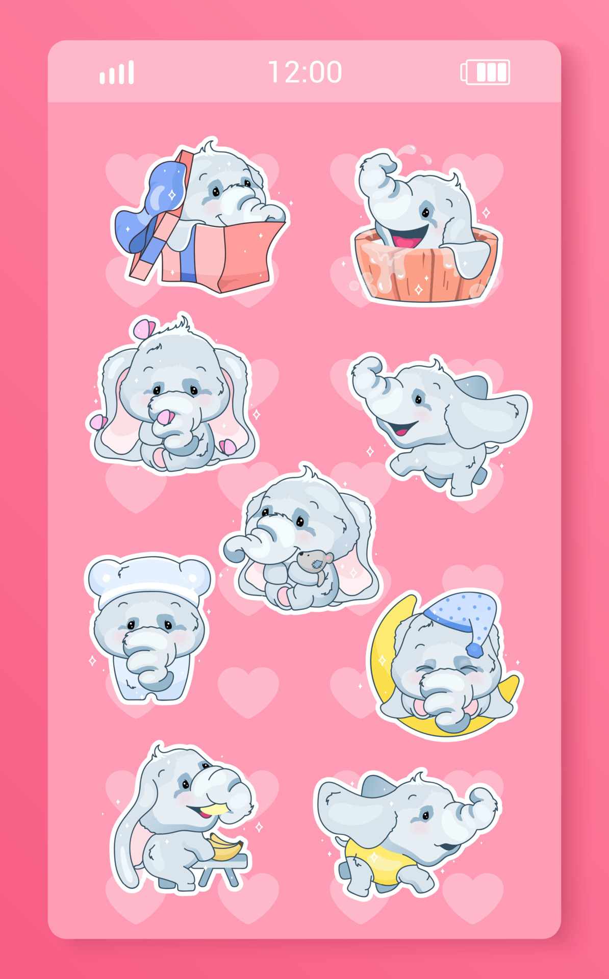 Cute baby elephant mobile app kawaii cartoon characters stickers pack.  Messaging application digital patches set with girlish anime zoo animals.  Social media vector emojis, emoticons collection 4553223 Vector Art at  Vecteezy