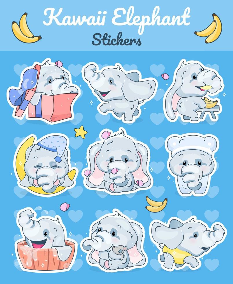 Conjunto de personajes de vector de dibujos animados lindo elefantes kawaii. adorable y divertido animal diferentes poses y emociones pegatina aislada, parche. anime, bebé, niño, elefantes, emoji, en, fondo azul