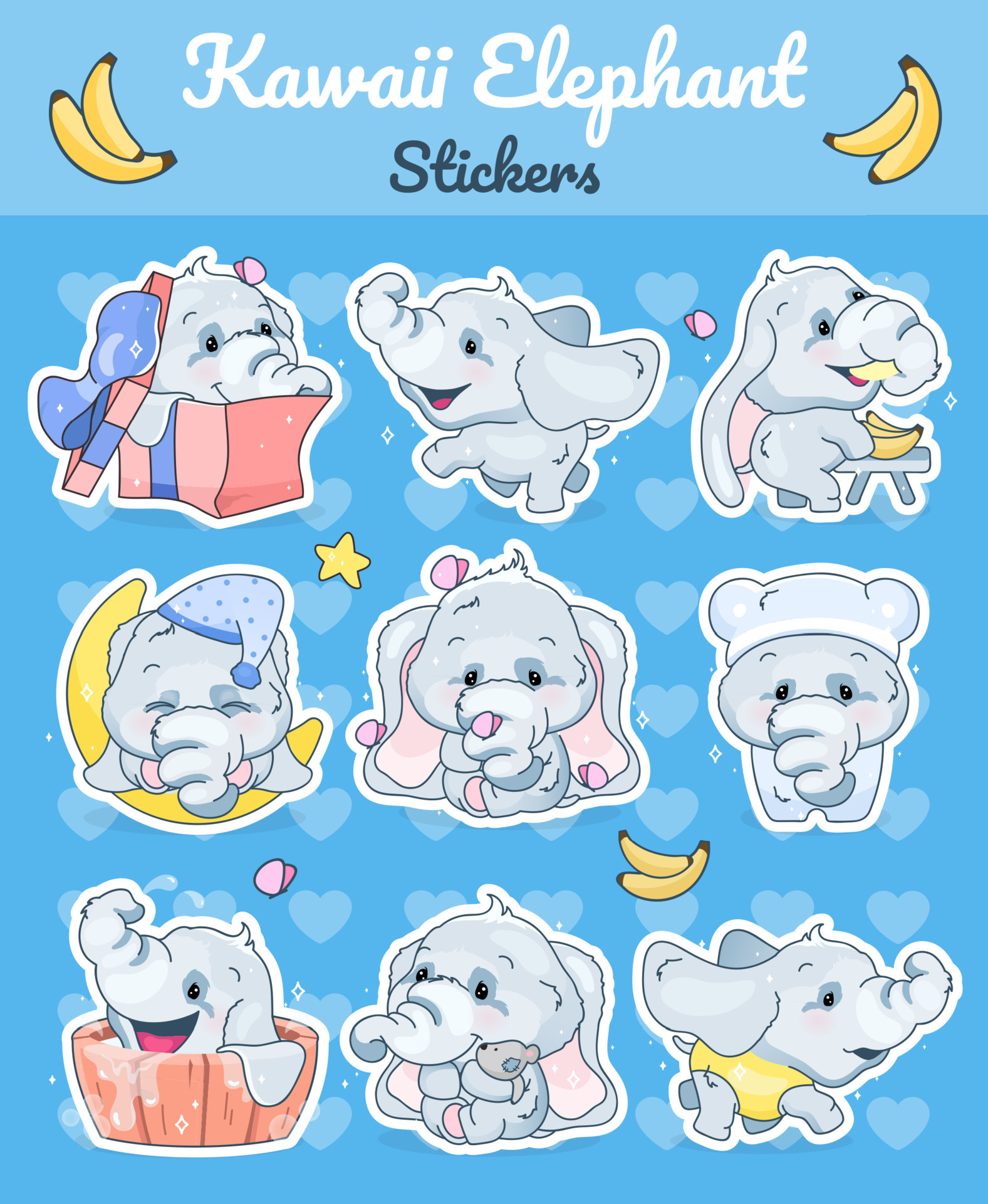 Cute elephants kawaii cartoon vector characters set. Adorable and funny  animal different poses and emotions isolated sticker, patch. Anime baby boy  elephants emoji on blue background 4553226 Vector Art at Vecteezy