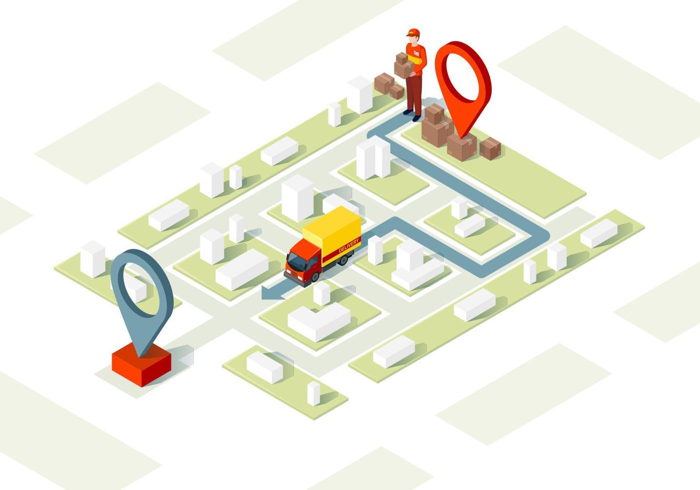 Ilustración de vector isométrica de servicio de entrega. mapa de transporte de paquetería. envío de carga y flete. logística y distribución. punto de entrega. Concepto 3d de ruta de transporte de camiones