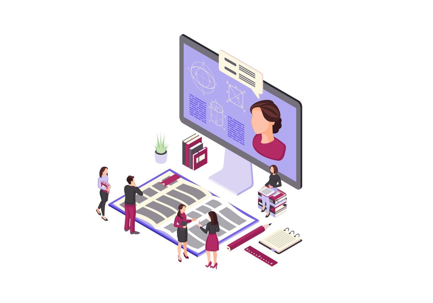 Online education isometric color vector illustration. Distance class. E courses infographic. Video tutorial, e class. Interactive studying, teaching. E learning 3d concept. Isolated design element