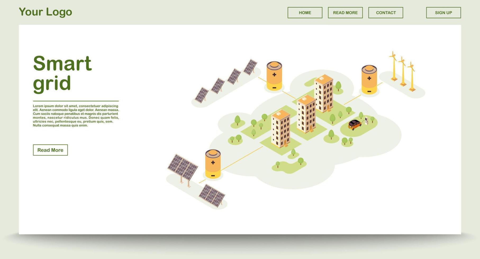 Plantilla de vector de página web de energía ecológica con ilustración isométrica. red inteligente. electricidad solar, eólica. fuente de energía renovable. edificios ecológicos. diseño de interfaz de sitio web. página web, aplicación móvil concepto 3d