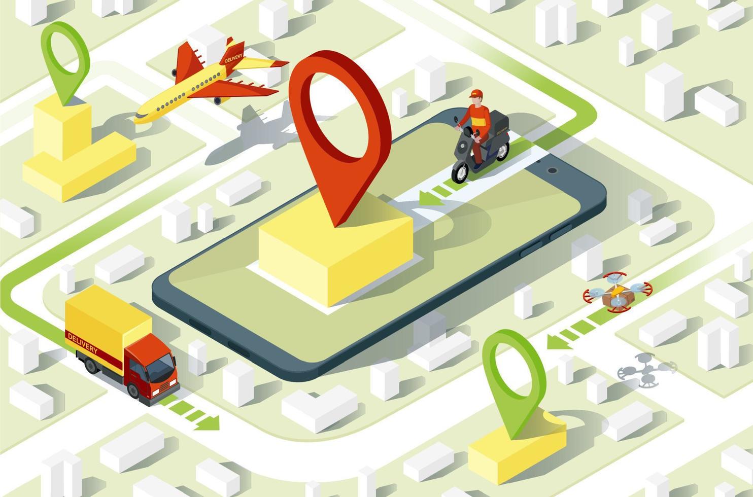 Delivery app isometric website template. Online order tracker application. Courier, truck, aircraft shipping methods. Express delivery infographic. E-navigation. Smartphone app design. Isolated vector