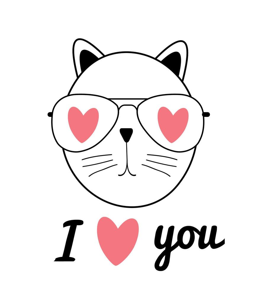 Cute Hand Drawn Cat Vector Illustration. I Love You Concept