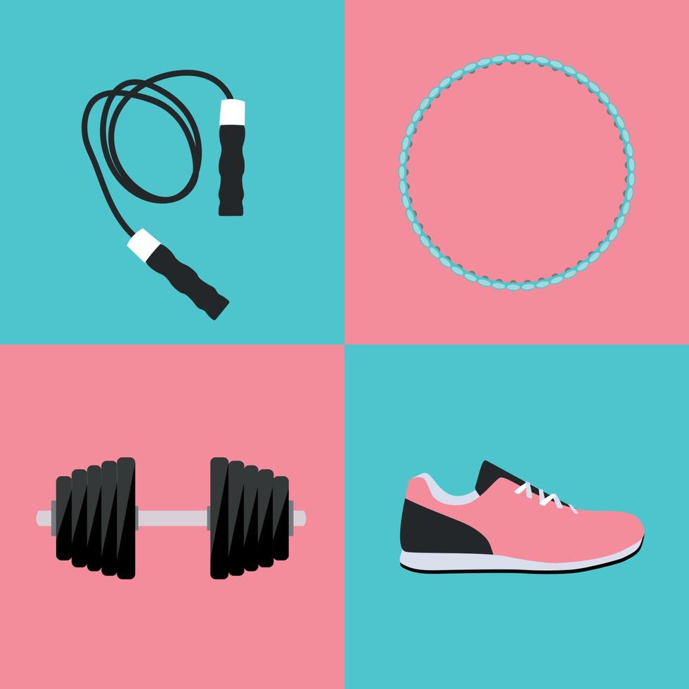 deporte hula hoop, entrenadores, pesas y saltar la cuerda icono conjunto plano ilustración vectorial vector