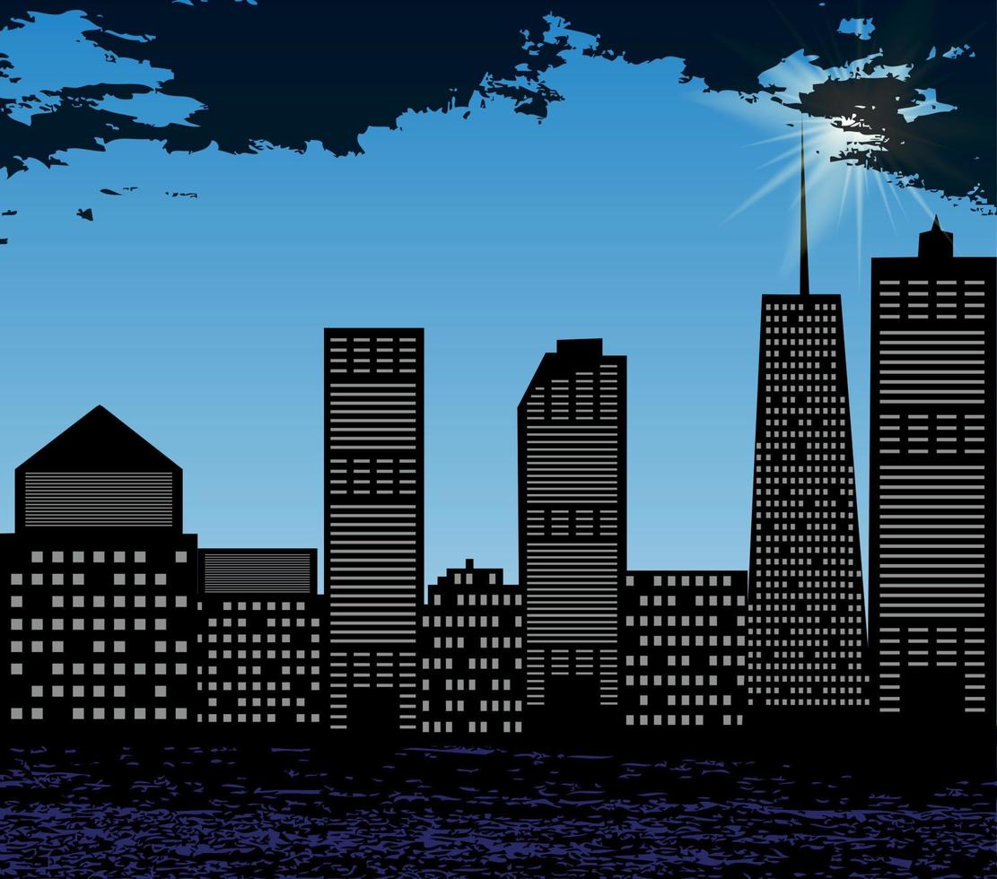 Silhouette of Big City on Background of Bright Summer Sun and Blue Sky. Vector Illustration.